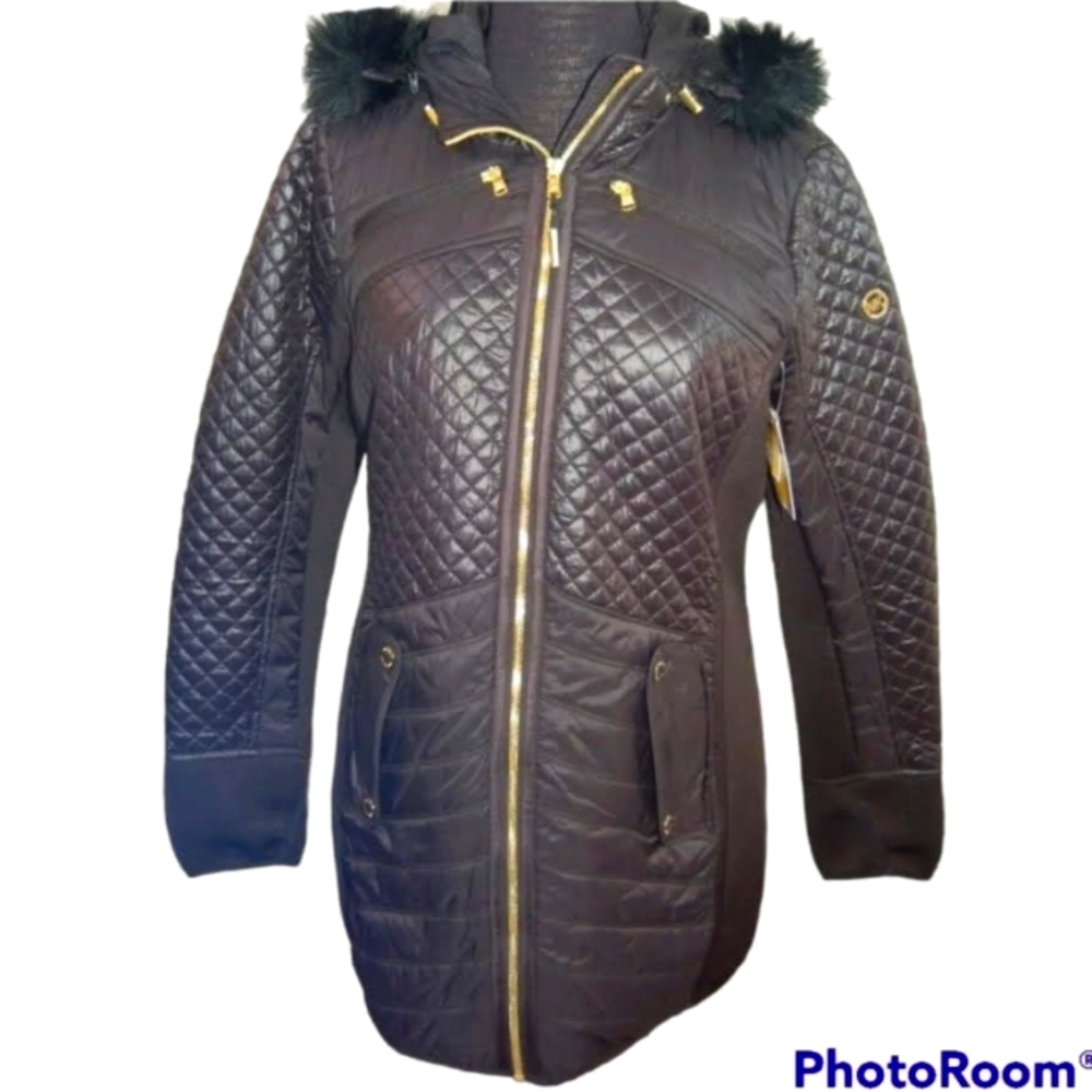 NEW Michael Kors Hooded Mixed Media Coat XL
